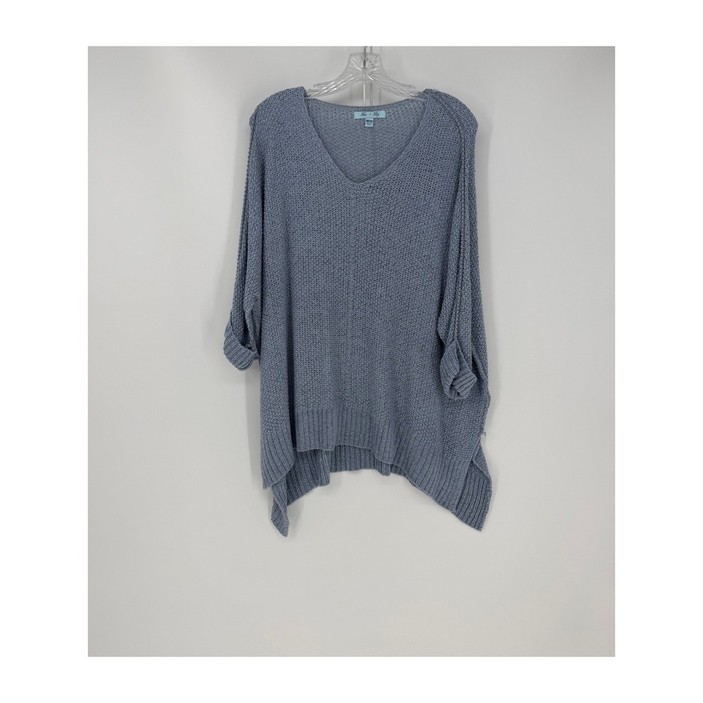 She + Sky Sweater Womens OS Blue V-Neck Open Knit Oversized Boho High Low Hem